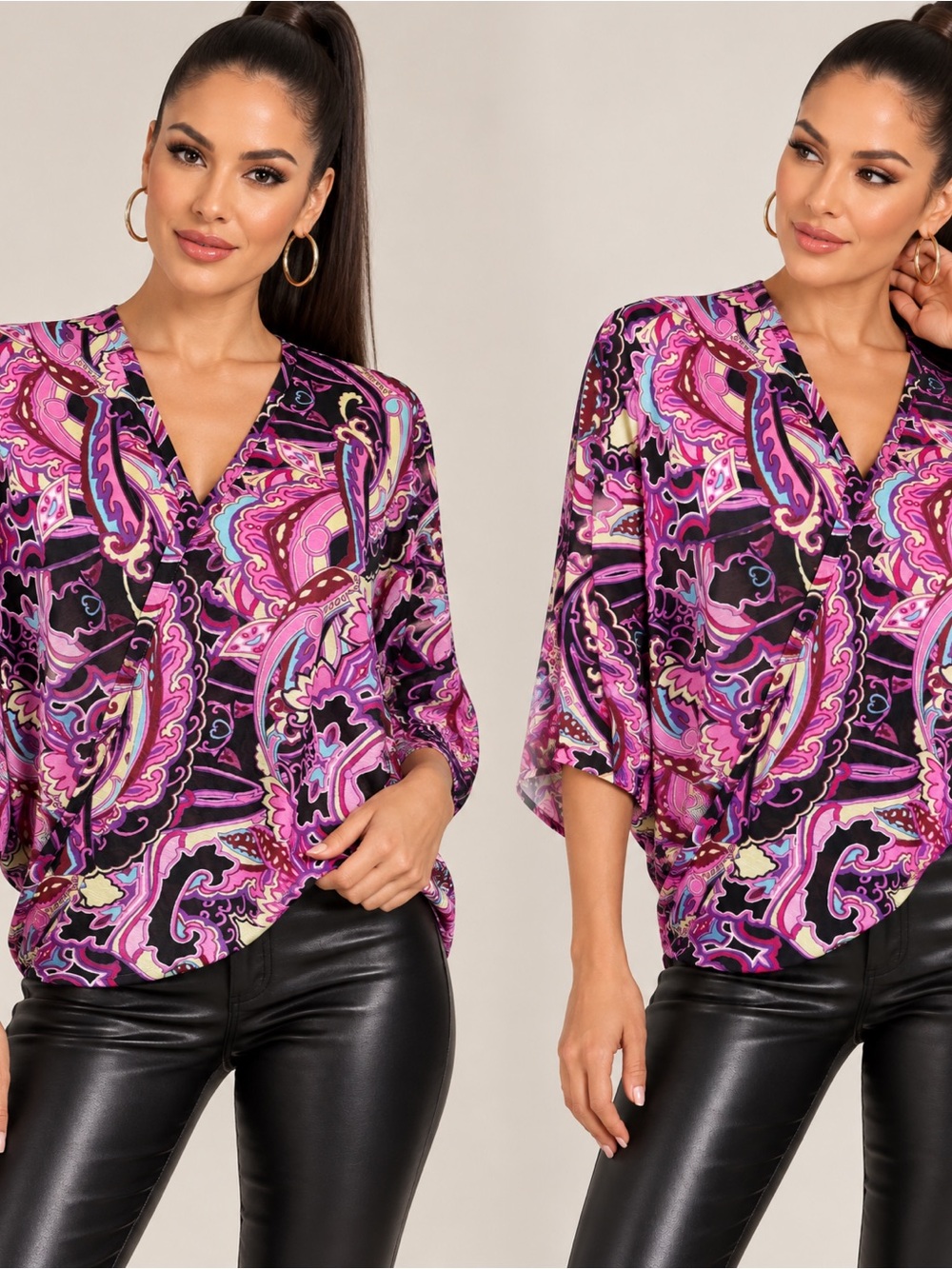 Jennifer Lopez Pink Multi Paisley V-Neck Dolman Blouse
